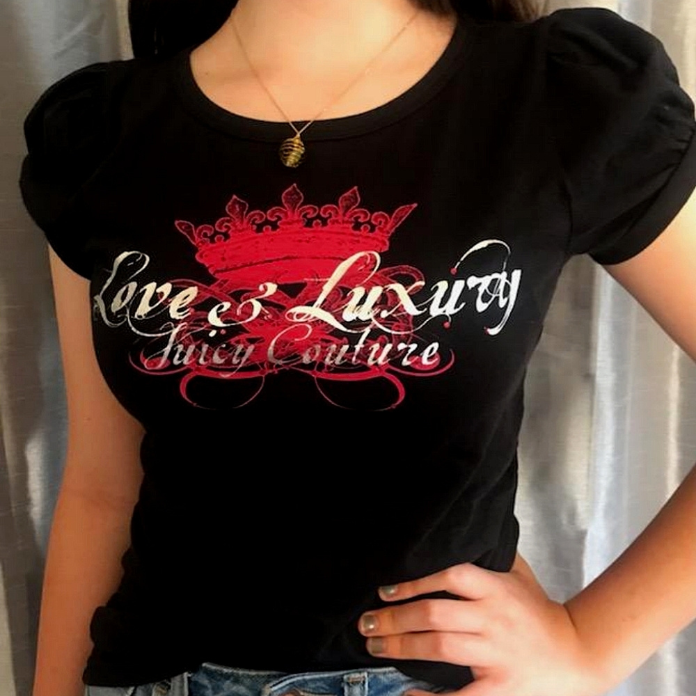 Juicy Couture Love and Luxury black tee with puff sleeves
